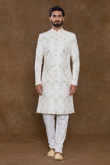 Arihant Rai Sinha_White , Chanderi Beads, Chevron Pattern Embellished Sherwani Set_Online_at_Aza_Fashions