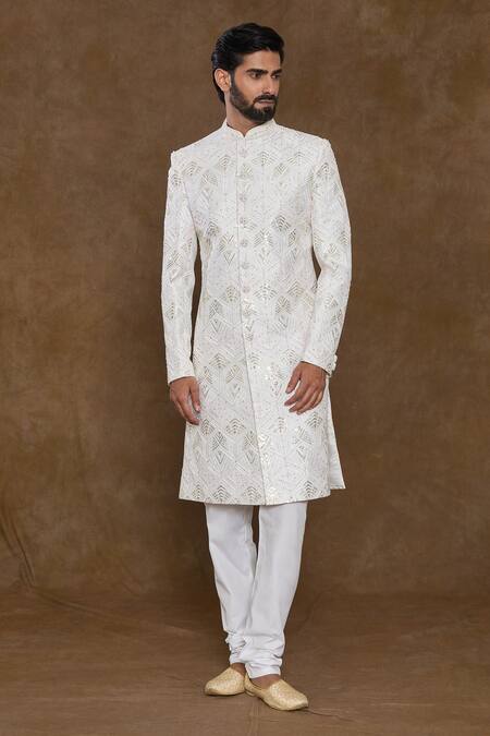 Buy_Arihant Rai Sinha_White , Chanderi Beads, Chevron Pattern Embellished Sherwani Set_Online_at_Aza_Fashions