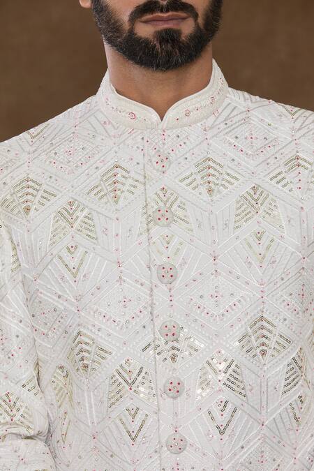 Shop_Arihant Rai Sinha_White , Chanderi Beads, Chevron Pattern Embellished Sherwani Set_Online_at_Aza_Fashions