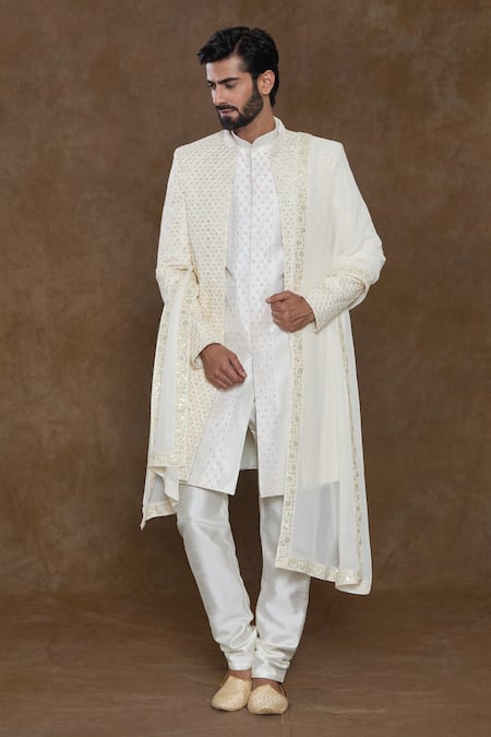 Aryavir Malhotra White Sherwani Pure Silk Hand Work Sequin Embellished Kurta Set