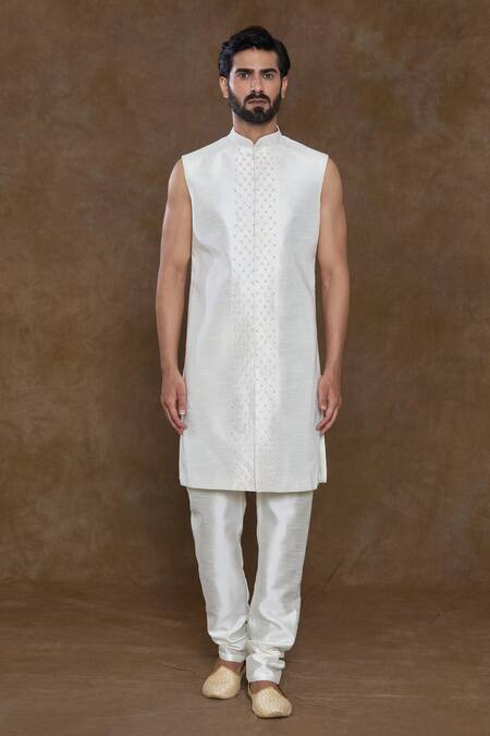 Arihant Rai Sinha_White Silk, Chiffon, Denim Sequins Embellished Sherwani Kurta Set_Online_at_Aza_Fashions