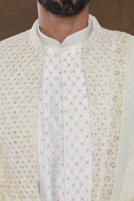 Buy_Arihant Rai Sinha_White Silk, Chiffon, Denim Sequins Embellished Sherwani Kurta Set_Online_at_Aza_Fashions