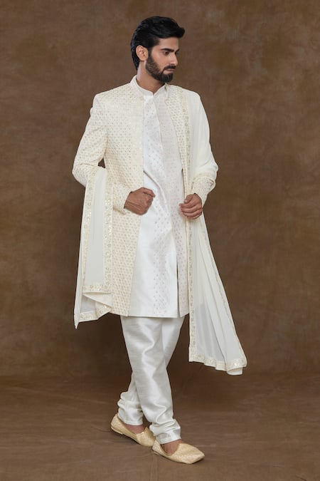 Shop_Arihant Rai Sinha_White Silk, Chiffon, Denim Sequins Embellished Sherwani Kurta Set_Online_at_Aza_Fashions