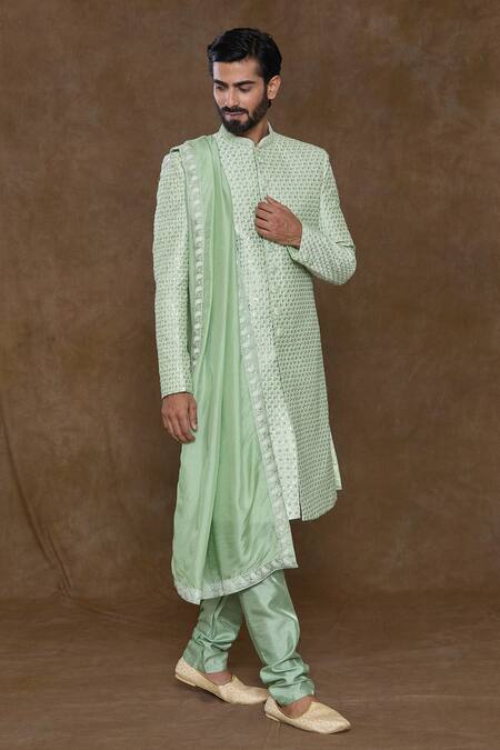 Buy_Arihant Rai Sinha_Green Silk, Chanderi Embroidery Paisley Pattern Embellished Sherwani Set_Online_at_Aza_Fashions