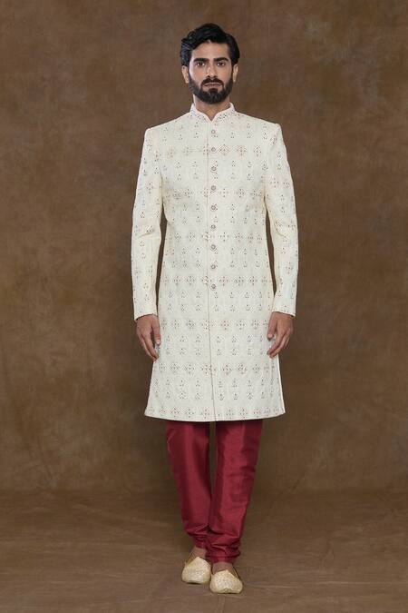 Arihant Rai Sinha_Off White Silk, Chanderi Silk, Denim Sequins, Embellished Sherwani Churidar Set_Online_at_Aza_Fashions