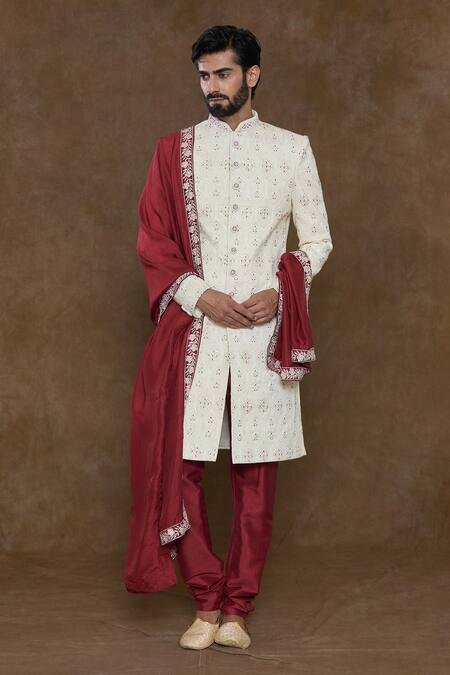 Buy_Arihant Rai Sinha_Off White Silk, Chanderi Silk, Denim Sequins, Embellished Sherwani Churidar Set_Online_at_Aza_Fashions