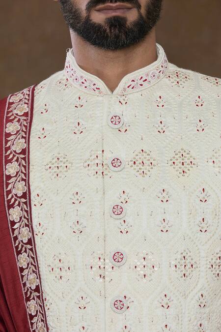 Shop_Arihant Rai Sinha_Off White Silk, Chanderi Silk, Denim Sequins, Embellished Sherwani Churidar Set_Online_at_Aza_Fashions