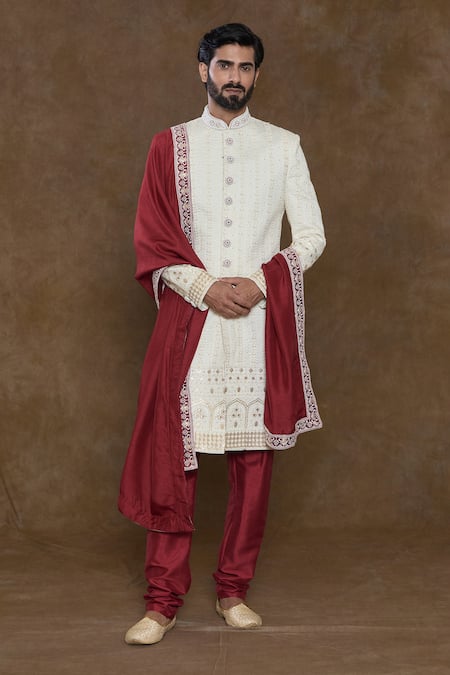 Aryavir Malhotra Off White Sherwani Pure Silk Hand Work Sequin Floral Stripe Embellished Set