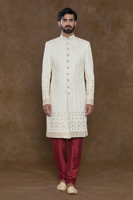 Arihant Rai Sinha_Off White Silk, Chanderi Sequins, Floral Stripe Embellished Sherwani Set_Online_at_Aza_Fashions