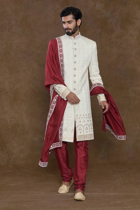 Buy_Arihant Rai Sinha_Off White Silk, Chanderi Sequins, Floral Stripe Embellished Sherwani Set_Online_at_Aza_Fashions