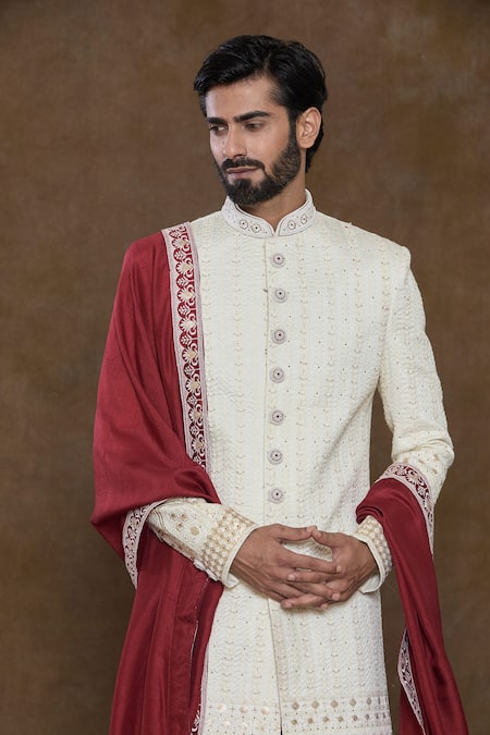 Shop_Arihant Rai Sinha_Off White Silk, Chanderi Sequins, Floral Stripe Embellished Sherwani Set_Online_at_Aza_Fashions