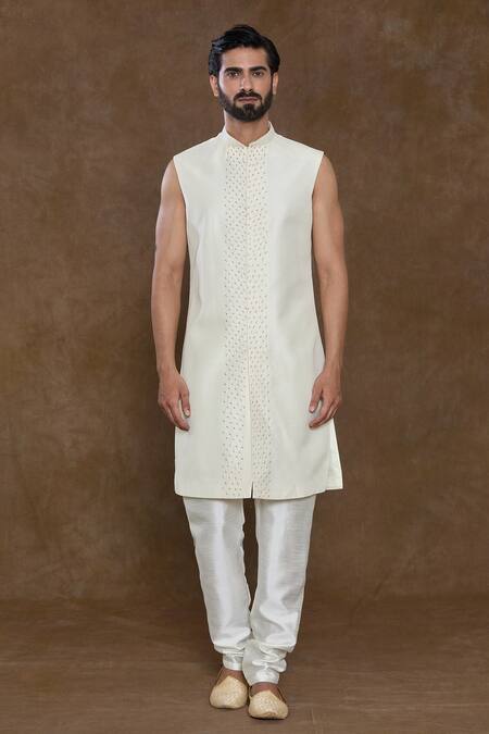 Arihant Rai Sinha_Cream Silk, Denim Sequins, Embroidery Geometric Hand Work Sherwani Kurta Set_Online_at_Aza_Fashions
