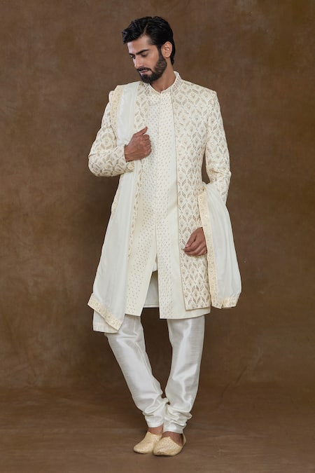 Buy_Arihant Rai Sinha_Cream Silk, Denim Sequins, Embroidery Geometric Hand Work Sherwani Kurta Set_Online_at_Aza_Fashions