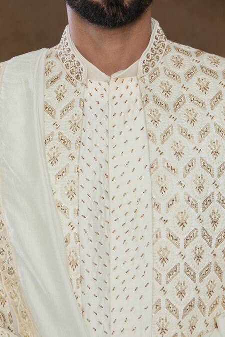 Arihant Rai Sinha_Cream Silk, Denim Sequins, Embroidery Geometric Hand Work Sherwani Kurta Set_at_Aza_Fashions