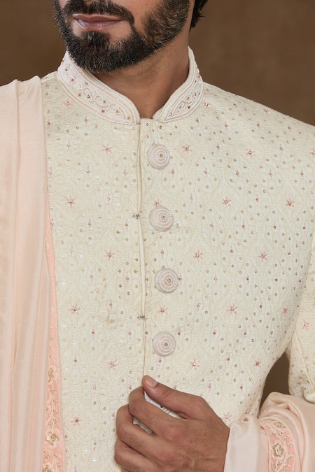 Arihant Rai Sinha_Peach Silk, Chanderi, Denim Sequins, Beads Hand Embroidered Sherwani Set_Online_at_Aza_Fashions