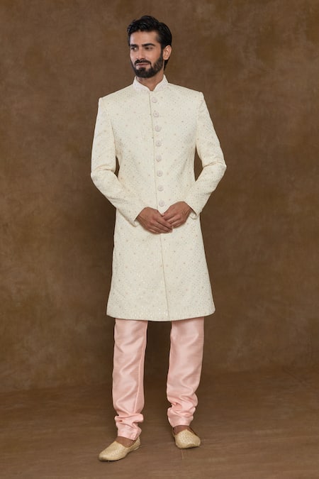 Buy_Arihant Rai Sinha_Peach Silk, Chanderi, Denim Sequins, Beads Hand Embroidered Sherwani Set_Online_at_Aza_Fashions