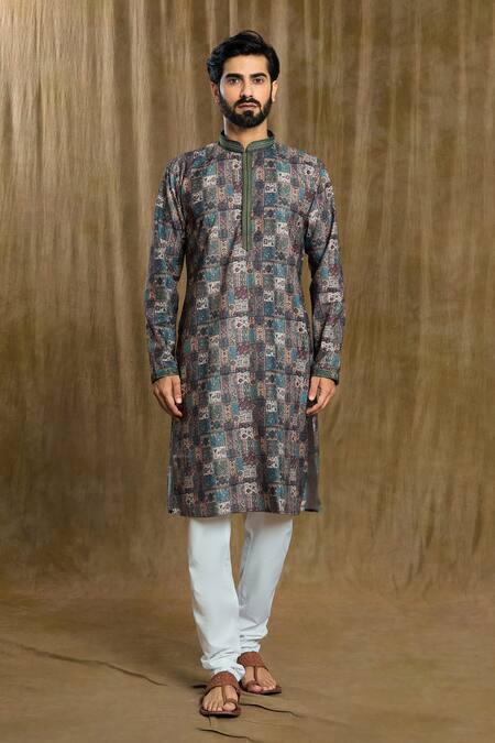 Arihant Rai Sinha Grey Cotton, Silk Embroidery Geometric Print Kurta And Pyjama Set Online at Aza Fashions Arihant Rai Sinha_Grey Cotton, Silk Embroidery Geometric Print Kurta And Pyjama Set_Online_at_Aza_Fashions