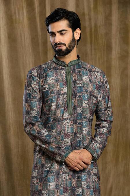 Shop Arihant Rai Sinha Grey Cotton, Silk Embroidery Geometric Print Kurta And Pyjama Set Online at Aza Fashions Shop_Arihant Rai Sinha_Grey Cotton, Silk Embroidery Geometric Print Kurta And Pyjama Set_Online_at_Aza_Fashions