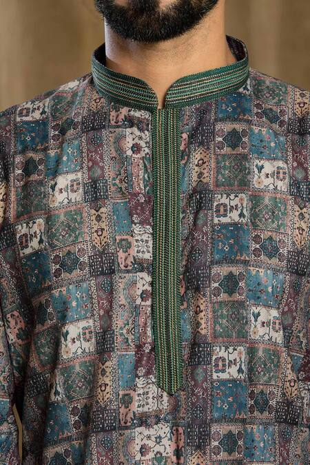 Arihant Rai Sinha Grey Cotton, Silk Embroidery Geometric Print Kurta And Pyjama Set at Aza Fashions Arihant Rai Sinha_Grey Cotton, Silk Embroidery Geometric Print Kurta And Pyjama Set_at_Aza_Fashions