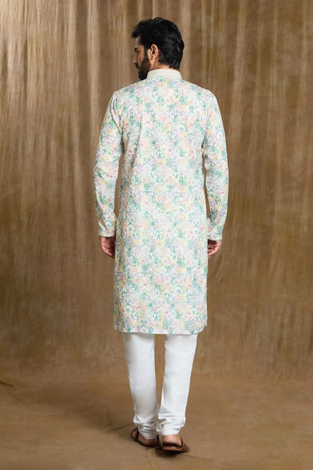 Shop Arihant Rai Sinha White Cotton, Silk Embroidery Mandarin Collar Floral Print Kurta And Pyjama Set at Aza Fashions Shop_Arihant Rai Sinha_White Cotton, Silk Embroidery Mandarin Collar Floral Print Kurta And Pyjama Set_at_Aza_Fashions