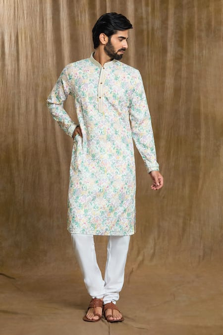Arihant Rai Sinha White Cotton, Silk Embroidery Mandarin Collar Floral Print Kurta And Pyjama Set Online at Aza Fashions Arihant Rai Sinha_White Cotton, Silk Embroidery Mandarin Collar Floral Print Kurta And Pyjama Set_Online_at_Aza_Fashions
