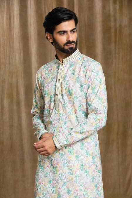 Buy Arihant Rai Sinha White Cotton, Silk Embroidery Mandarin Collar Floral Print Kurta And Pyjama Set Online at Aza Fashions Buy_Arihant Rai Sinha_White Cotton, Silk Embroidery Mandarin Collar Floral Print Kurta And Pyjama Set_Online_at_Aza_Fashions