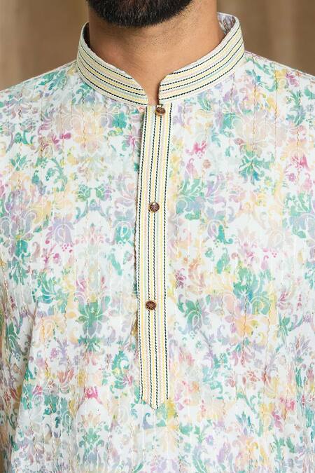 Shop Arihant Rai Sinha White Cotton, Silk Embroidery Mandarin Collar Floral Print Kurta And Pyjama Set Online at Aza Fashions Shop_Arihant Rai Sinha_White Cotton, Silk Embroidery Mandarin Collar Floral Print Kurta And Pyjama Set_Online_at_Aza_Fashions