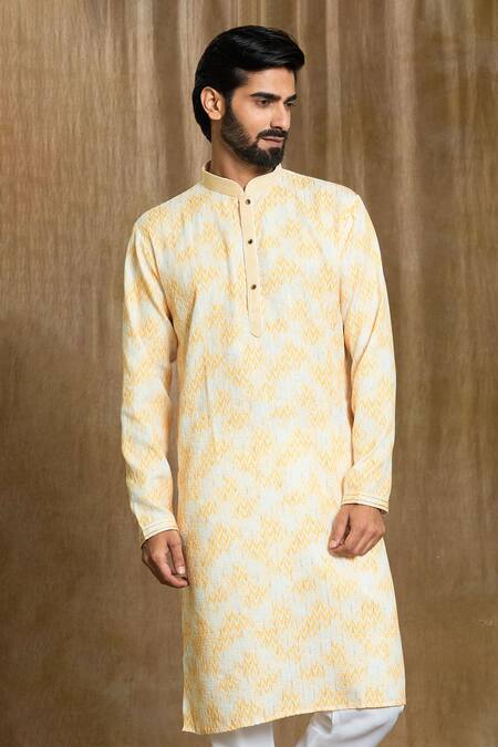 Shop_Arihant Rai Sinha_White Cotton, Silk Embroidery Zigzag Print Kurta And Pyjama Set _Online_at_Aza_Fashions