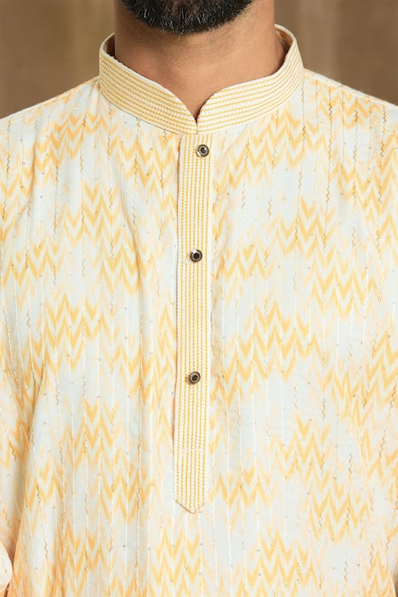 Arihant Rai Sinha_White Cotton, Silk Embroidery Zigzag Print Kurta And Pyjama Set _at_Aza_Fashions