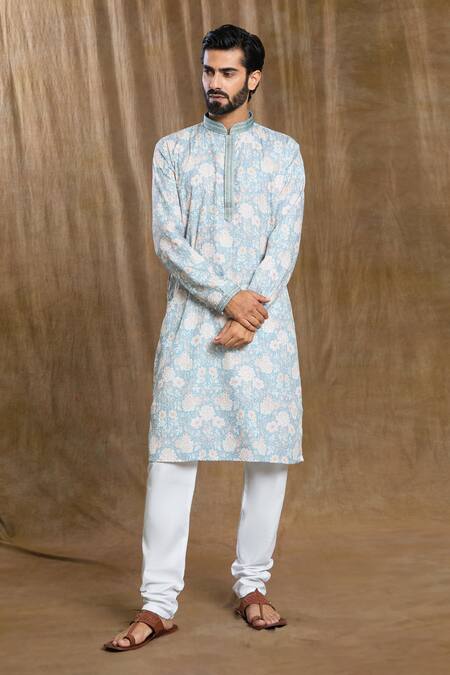 Buy_Arihant Rai Sinha_Blue Cotton, Silk Embroidery Floral Print Mandarin Collar Kurta And Pyjama Set_Online_at_Aza_Fashions