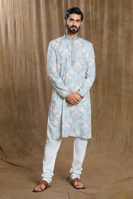 Shop_Arihant Rai Sinha_Blue Cotton, Silk Embroidery Floral Print Mandarin Collar Kurta And Pyjama Set_Online_at_Aza_Fashions