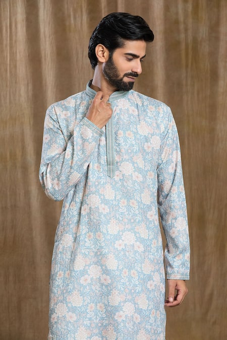 Arihant Rai Sinha_Blue Cotton, Silk Embroidery Floral Print Mandarin Collar Kurta And Pyjama Set_at_Aza_Fashions