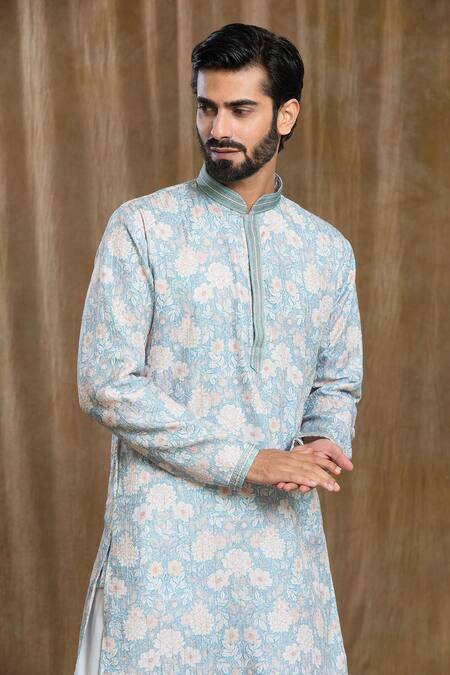 Buy_Arihant Rai Sinha_Blue Cotton, Silk Embroidery Floral Print Mandarin Collar Kurta And Pyjama Set