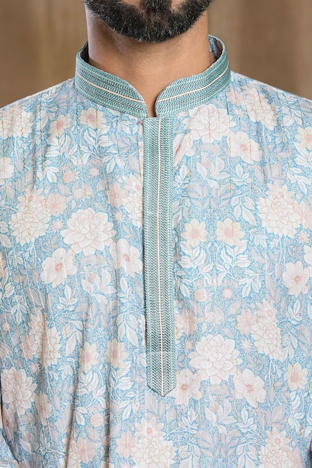 Shop_Arihant Rai Sinha_Blue Cotton, Silk Embroidery Floral Print Mandarin Collar Kurta And Pyjama Set
