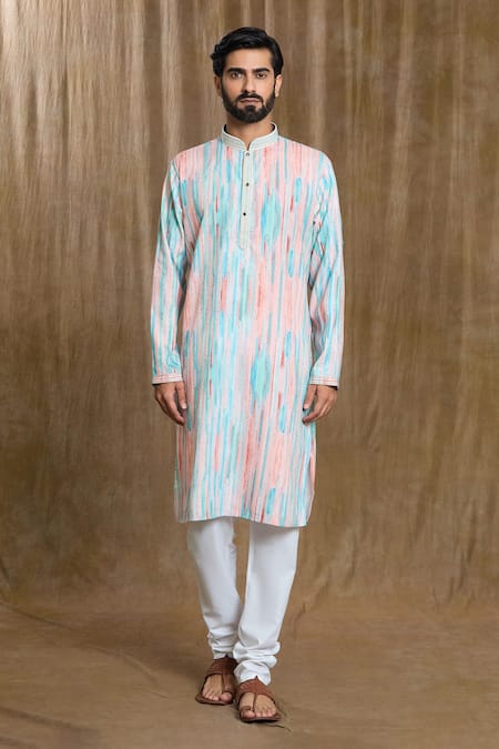 Buy_Arihant Rai Sinha_Blue Cotton, Silk Embroidery Abstract Print Straight Kurta And Pyjama Set_Online_at_Aza_Fashions