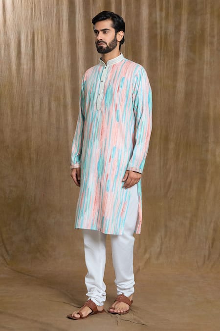 Shop_Arihant Rai Sinha_Blue Cotton, Silk Embroidery Abstract Print Straight Kurta And Pyjama Set_Online_at_Aza_Fashions