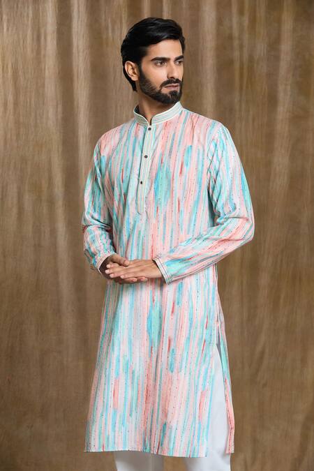Arihant Rai Sinha_Blue Cotton, Silk Embroidery Abstract Print Straight Kurta And Pyjama Set_at_Aza_Fashions