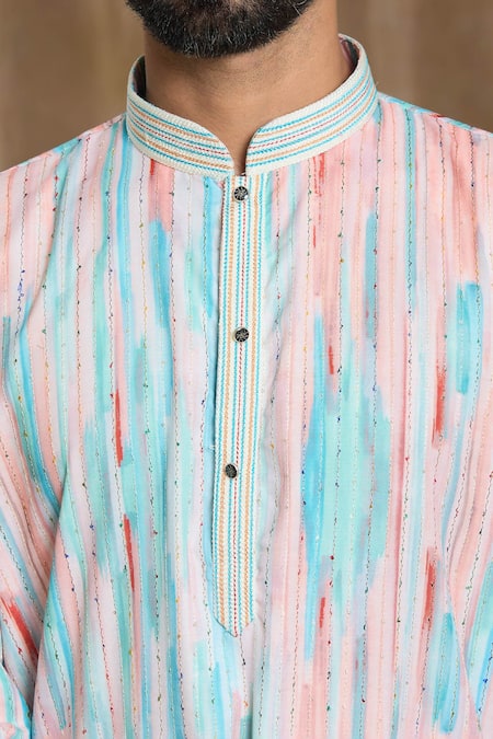 Buy_Arihant Rai Sinha_Blue Cotton, Silk Embroidery Abstract Print Straight Kurta And Pyjama Set