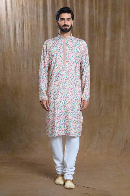 Arihant Rai Sinha_Multi Color Cotton, Silk Embroidery Mini Floral Print Kurta And Pyjama Set_Online_at_Aza_Fashions