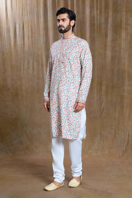Buy_Arihant Rai Sinha_Multi Color Cotton, Silk Embroidery Mini Floral Print Kurta And Pyjama Set_Online_at_Aza_Fashions