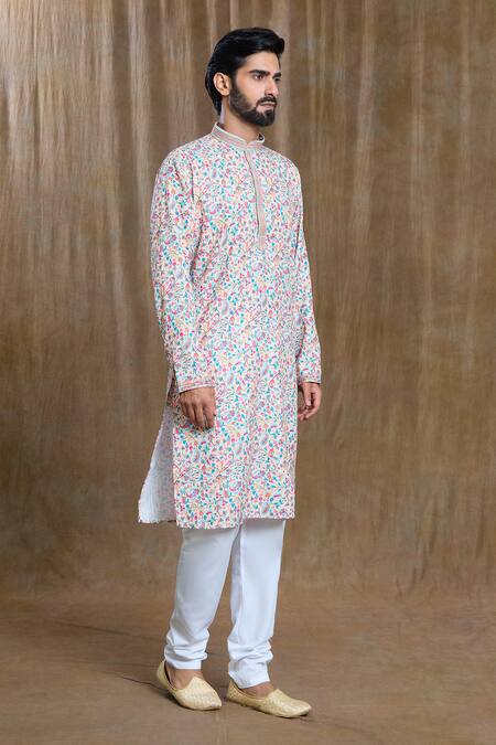 Shop_Arihant Rai Sinha_Multi Color Cotton, Silk Embroidery Mini Floral Print Kurta And Pyjama Set_Online_at_Aza_Fashions