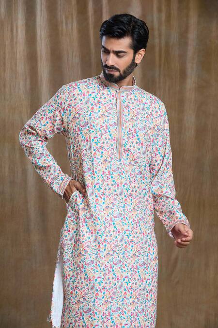 Arihant Rai Sinha_Multi Color Cotton, Silk Embroidery Mini Floral Print Kurta And Pyjama Set_at_Aza_Fashions