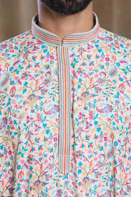 Shop_Arihant Rai Sinha_Multi Color Cotton, Silk Embroidery Mini Floral Print Kurta And Pyjama Set