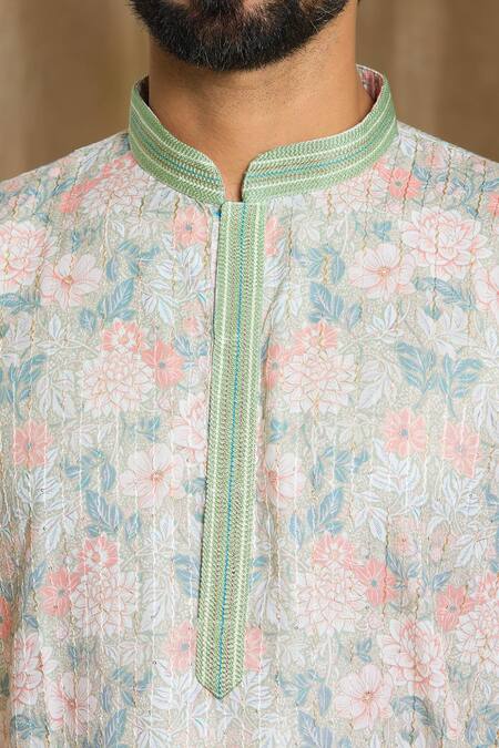 Shop Arihant Rai Sinha Grey Cotton, Silk Embroidery Printed Straight Kurta And Pyjama Set Shop_Arihant Rai Sinha_Grey Cotton, Silk Embroidery Printed Straight Kurta And Pyjama Set