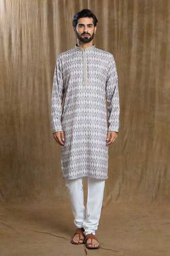 Buy_Arihant Rai Sinha_Grey Cotton, Silk Embroidery Ikkat Bandhani Print Kurta And Pyjama Set _Online_at_Aza_Fashions