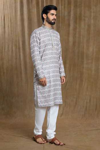 Shop_Arihant Rai Sinha_Grey Cotton, Silk Embroidery Ikkat Bandhani Print Kurta And Pyjama Set _Online_at_Aza_Fashions