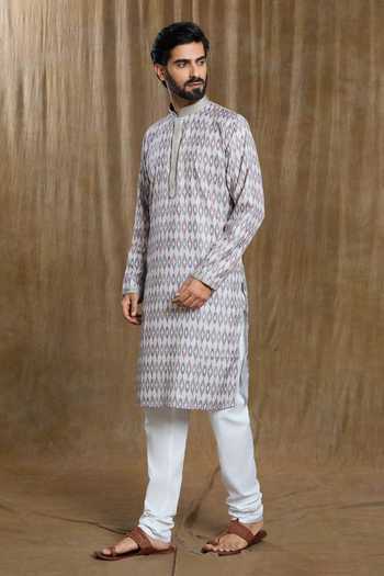 Arihant Rai Sinha_Grey Cotton, Silk Embroidery Ikkat Bandhani Print Kurta And Pyjama Set _at_Aza_Fashions