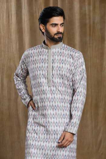 Buy_Arihant Rai Sinha_Grey Cotton, Silk Embroidery Ikkat Bandhani Print Kurta And Pyjama Set 