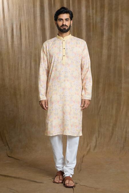 Arihant Rai Sinha_Cream Cotton, Silk Embroidery Straight Mandarin Collar Kurta And Pyjama Set_Online_at_Aza_Fashions
