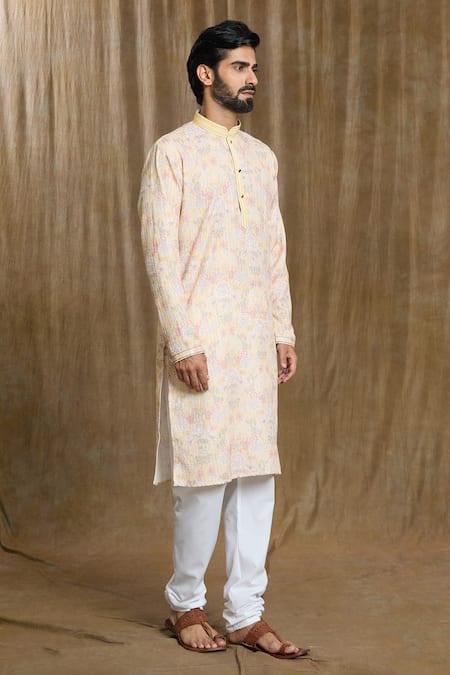 Buy_Arihant Rai Sinha_Cream Cotton, Silk Embroidery Straight Mandarin Collar Kurta And Pyjama Set_Online_at_Aza_Fashions
